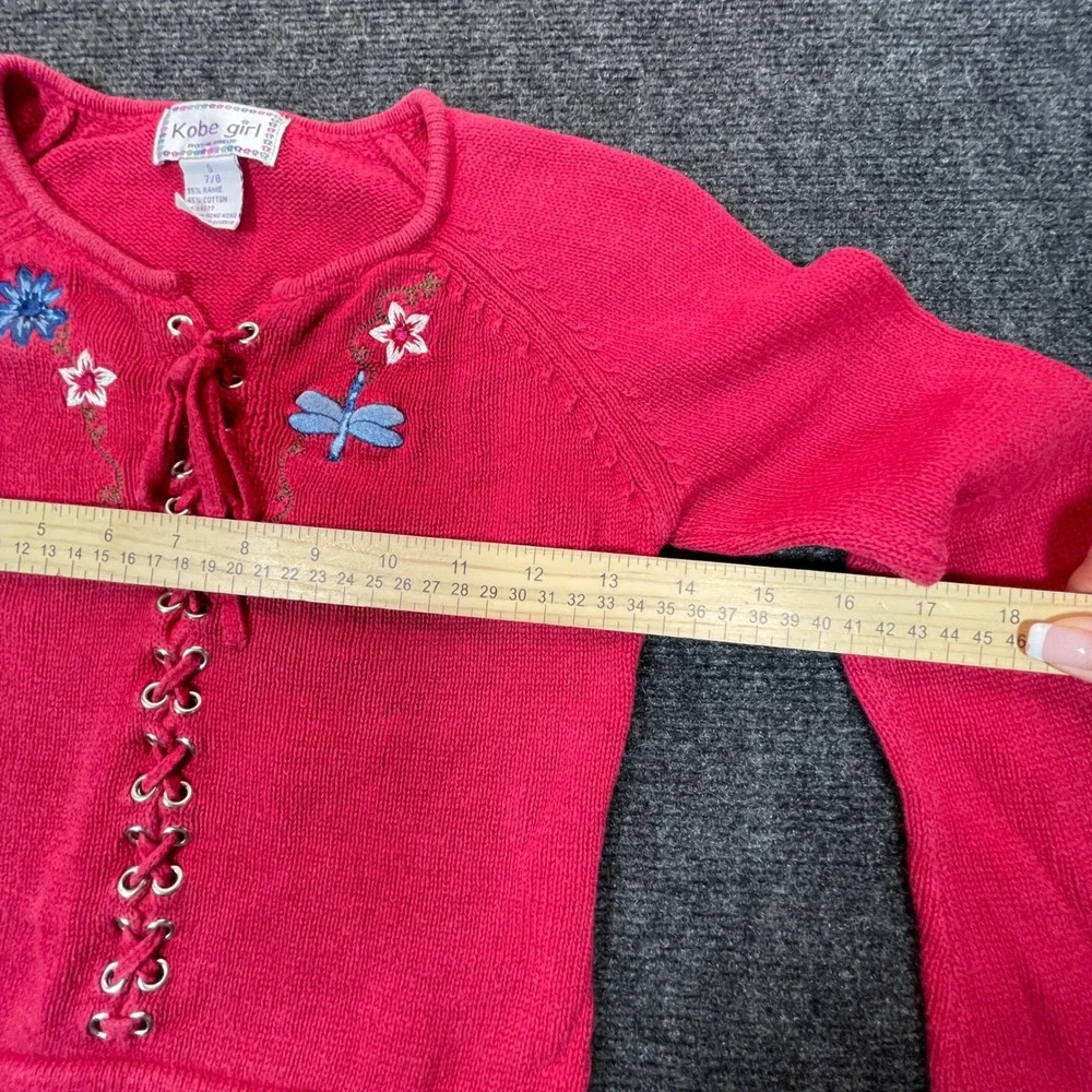 Kobe Girl Knit Sweater Kids Size 7/8 Pink Y2K Embroidered Lace Up Boho Top